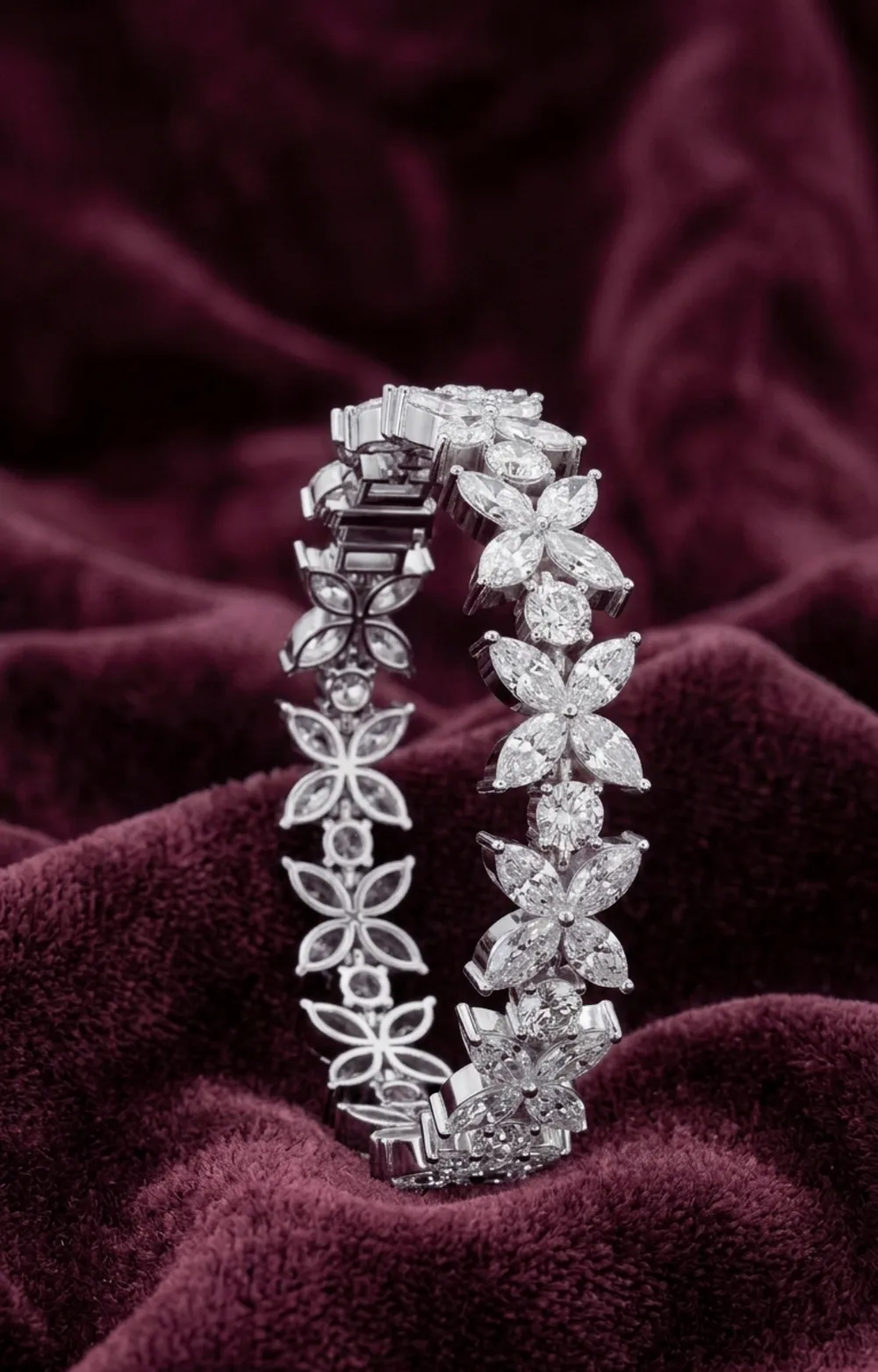 Platinum marquise and round diamond flower-motif bracelet
