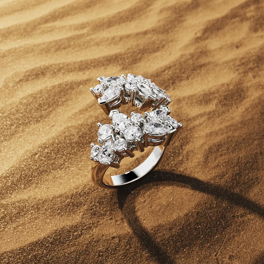White gold mixed-cut diamond cluster bypass ring, CAD render