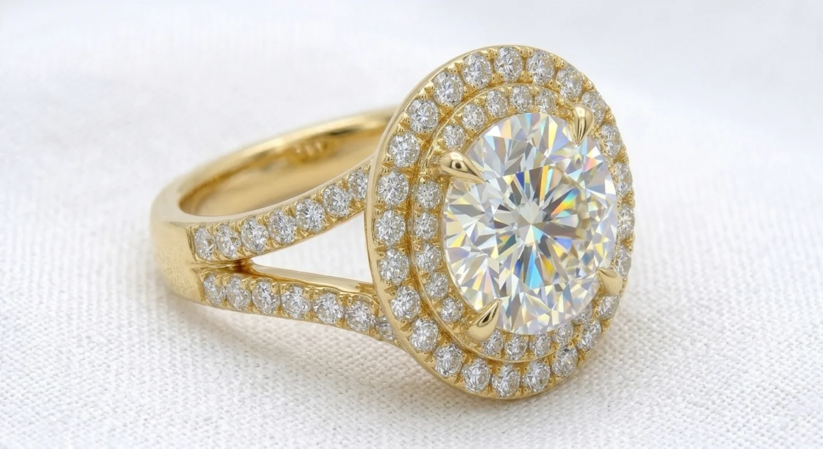 Yellow gold double halo engagement ring with split shank, CAD render