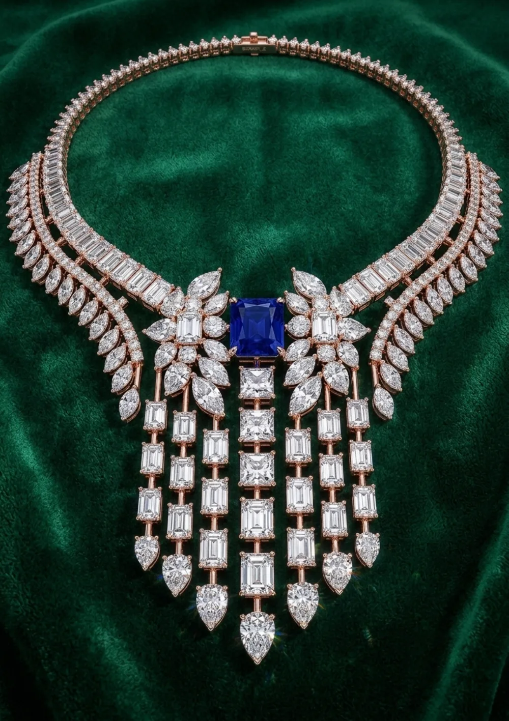 Rose gold and diamond high-jewelry necklace with sapphire center, designed in CAD